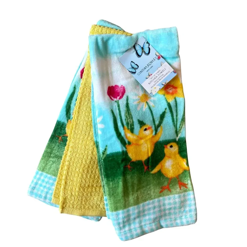 Cynthia Rowley Kitchen Towels Set of 3 Colorful Spring Floral Easter Chicks New